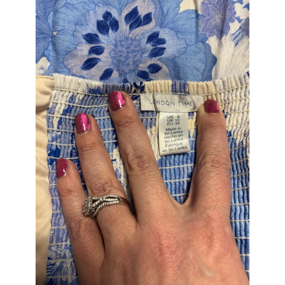 NWT London Times Blue, Ivory, White Floral Square Neck Puffer Sleeve Dress SZ 8 - Picture 7 of 10